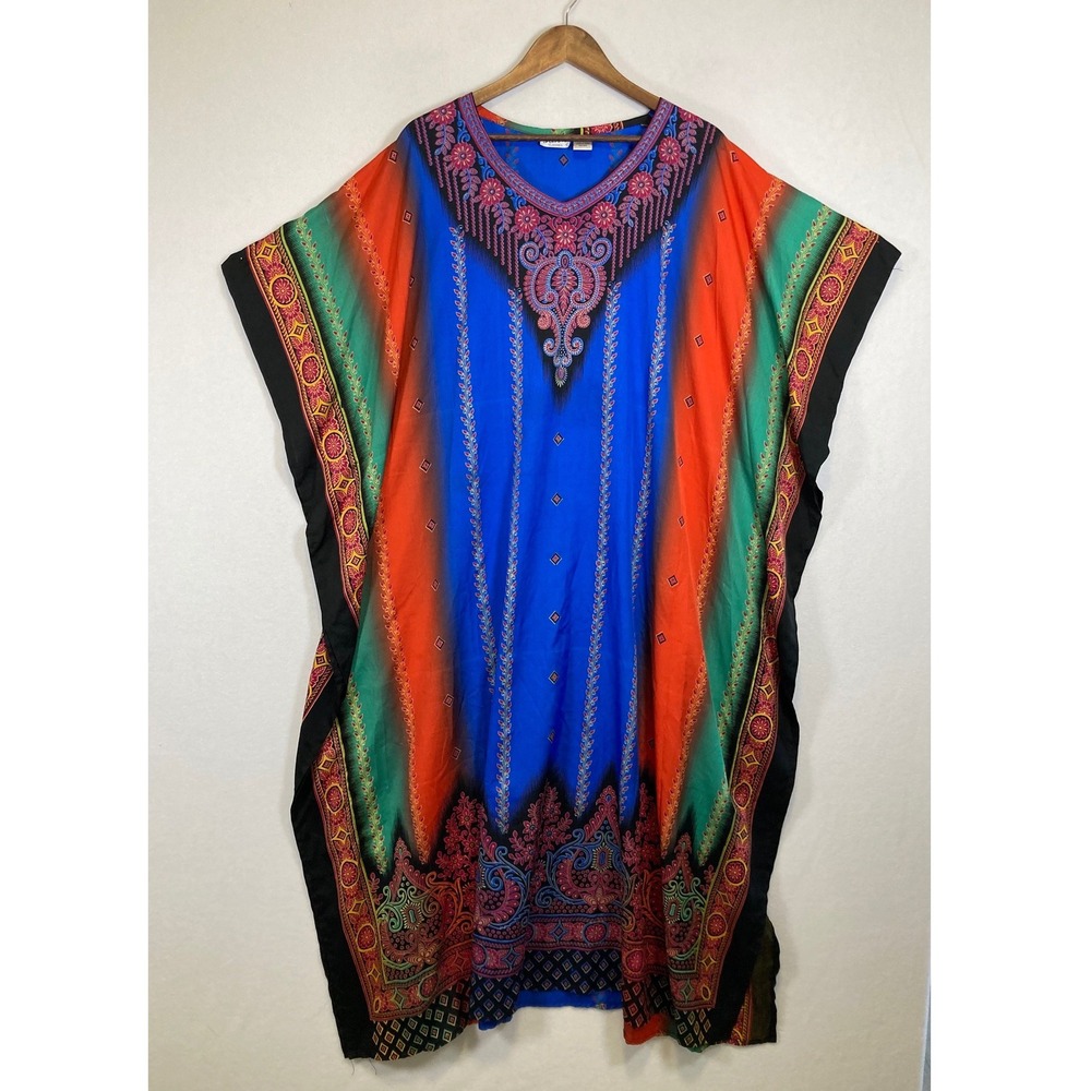 Boho Chic Sante Classics Women One Size Blue Orange‎ Ombre Medallion Maxi Kaftan